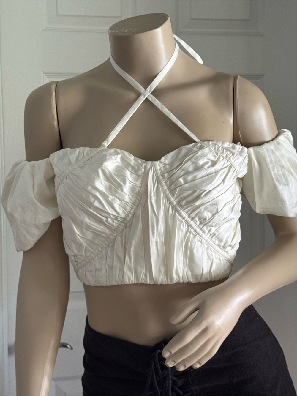 cult gaia White Ruched Off-Shoulder Halter Crop Top - Picture 3 of 5